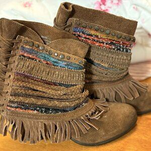 Naughty Monkey Boots Women's 8 Fringe Boho Ankle Booties Brown Leather Block